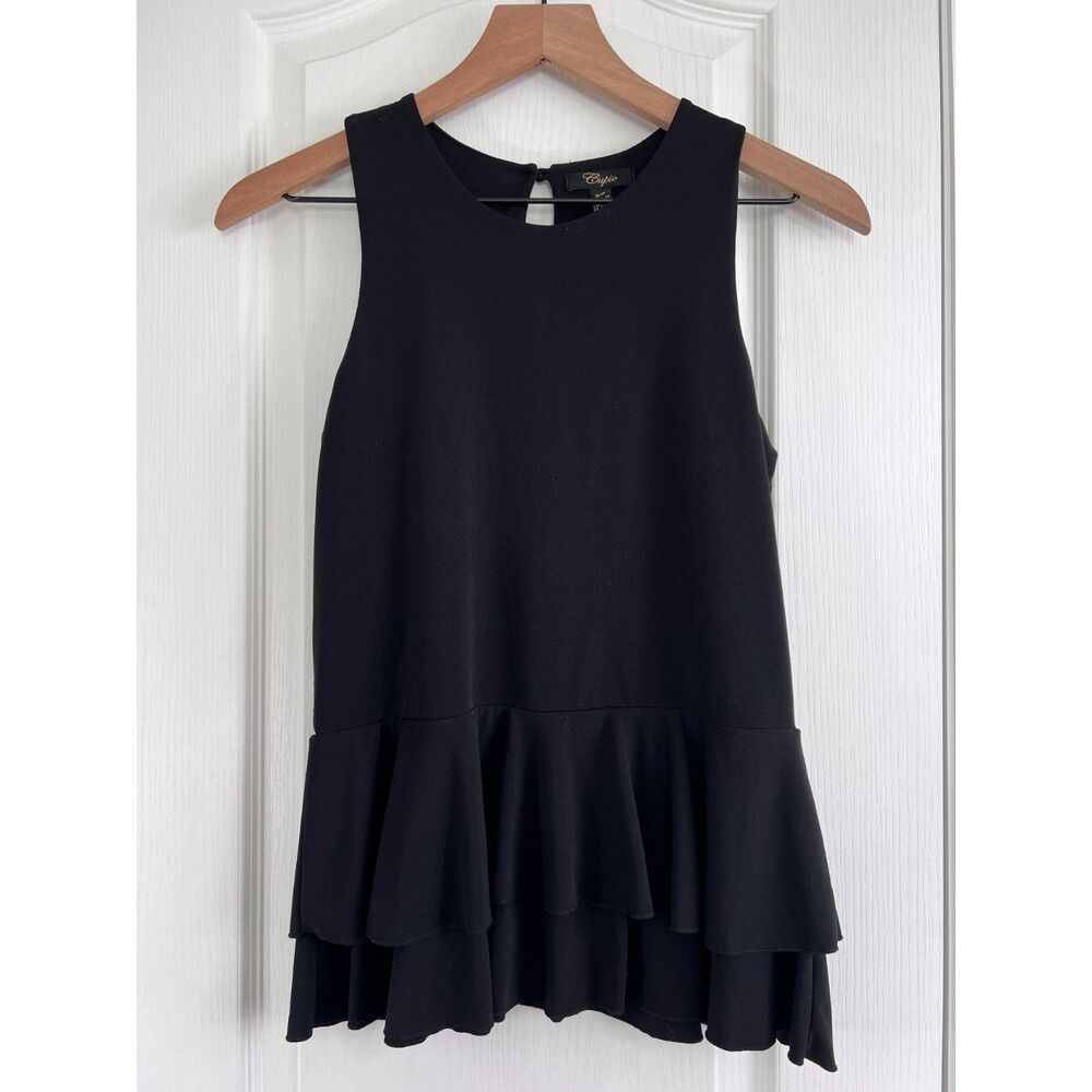 Cupio Women's Sleeveless Ruffle Peplum Blouse Top Black Size S